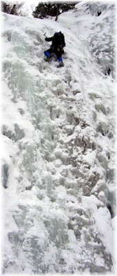 Soloing Genesis 1 in Hyalite Canyon, February 2003. Photo by Eric.